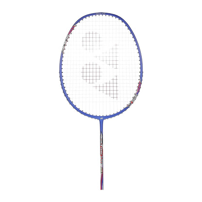 Close-up of the Yonex Voltric Lite 35i badminton racquet head with red Yonex logo, blue frame and isometric string bed