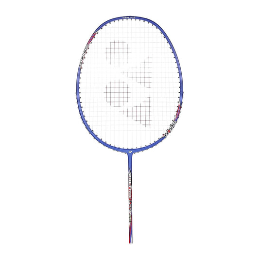 Close-up of the Yonex Voltric Lite 35i badminton racquet head with red Yonex logo, blue frame and isometric string bed