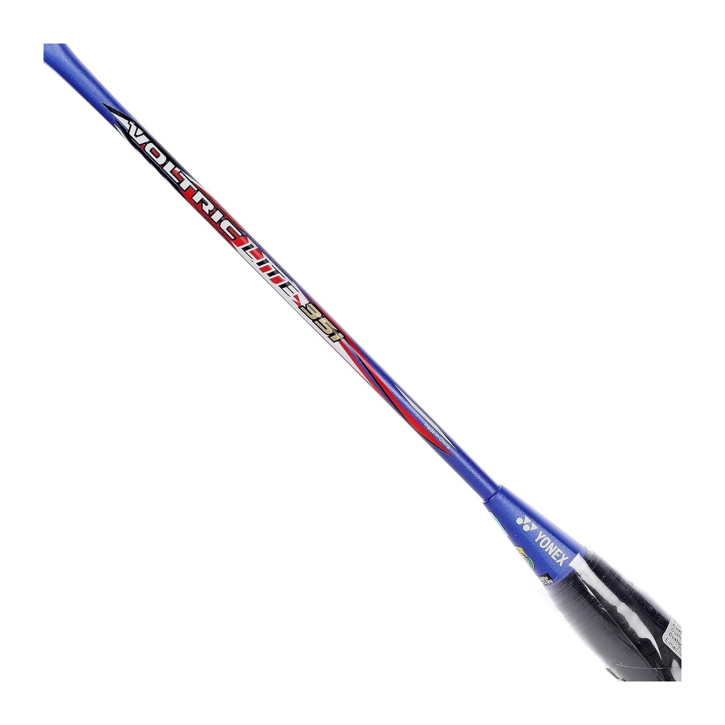 Close-up of the Yonex Voltric Lite 35i badminton racquet shaft showing Voltric Lite 35i branding on a blue finish