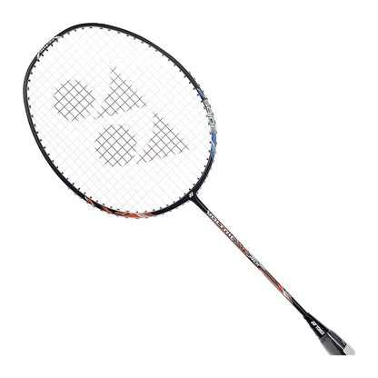 Yonex Voltric Lite 40i badminton racquet at an angle showing the black-and-orange head-heavy frame and isometric string bed
