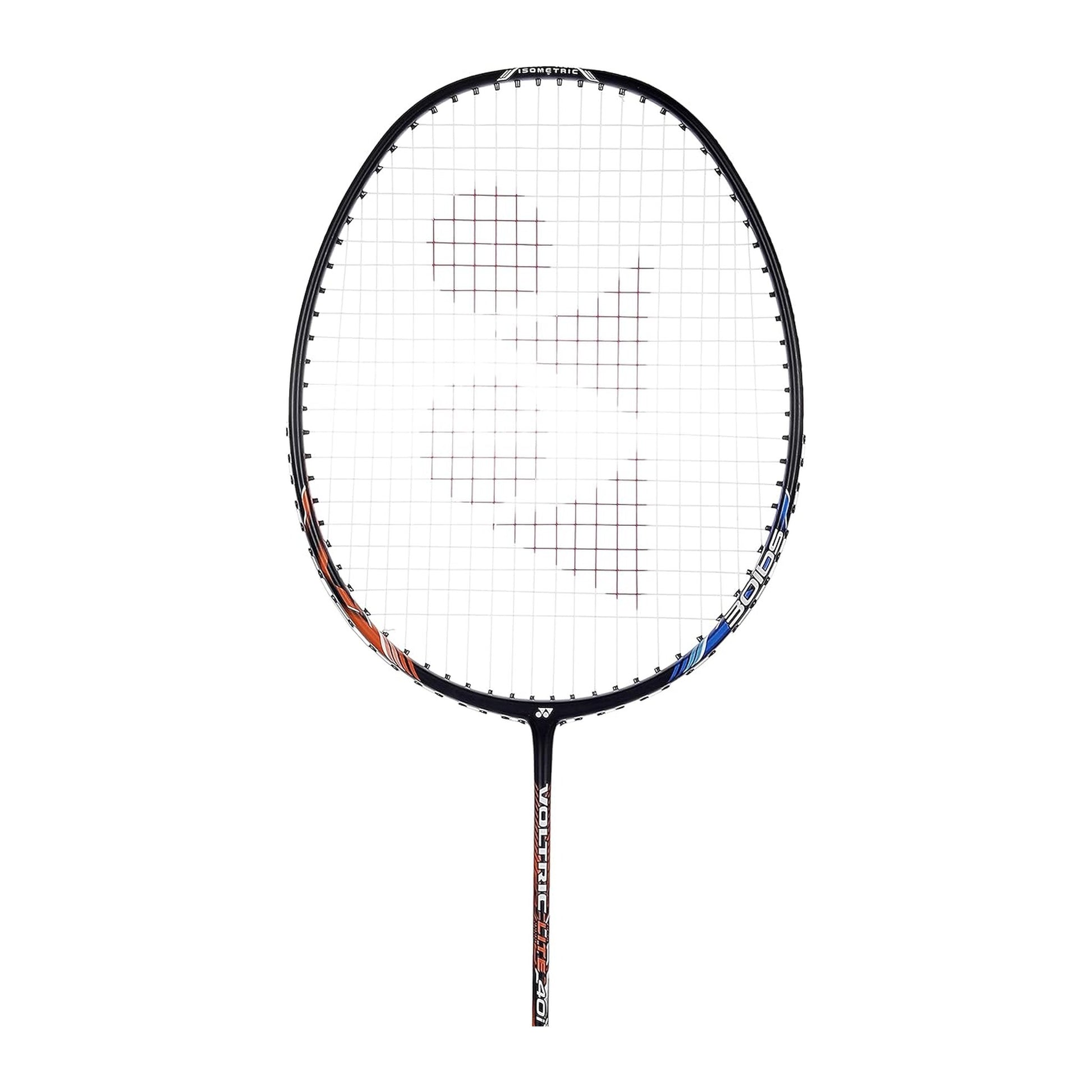 Close-up of the Yonex Voltric Lite 40i badminton racquet head with red Yonex logo, orange frame accents and isometric string bed