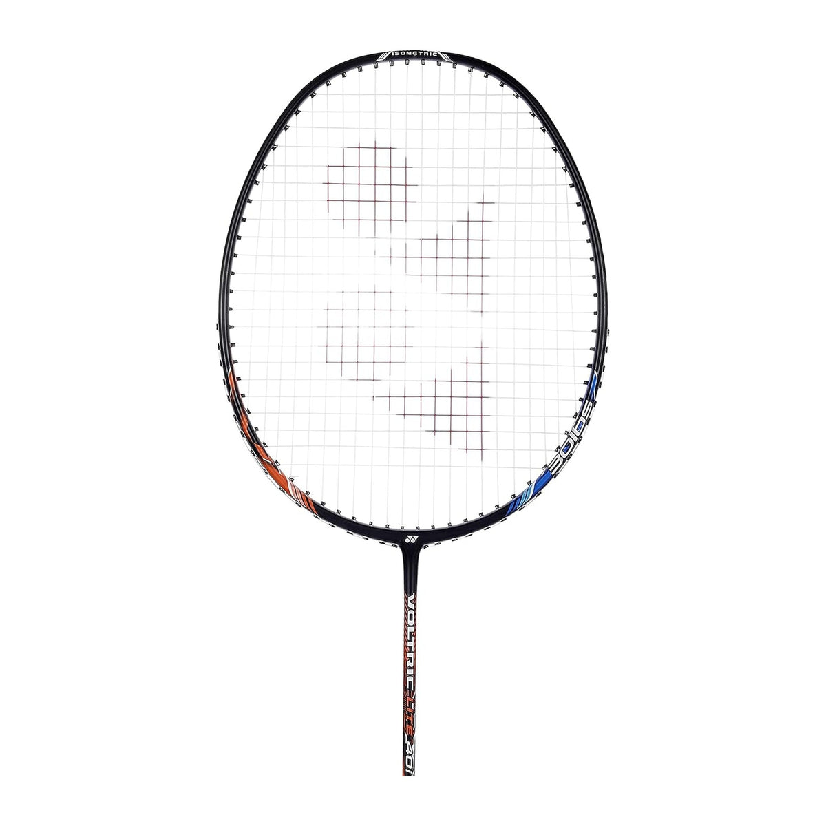 Close-up of the Yonex Voltric Lite 40i badminton racquet head with red Yonex logo, orange frame accents and isometric string bed