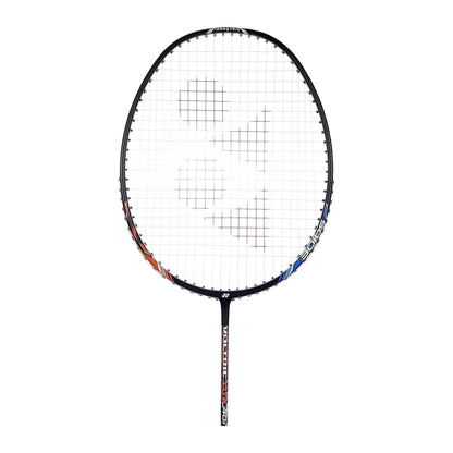 Close-up of the Yonex Voltric Lite 40i badminton racquet head with red Yonex logo, orange frame accents and isometric string bed