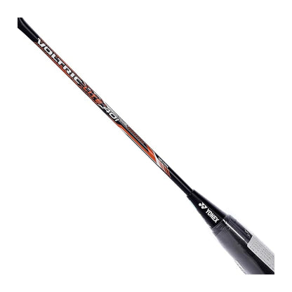 Close-up of the Yonex Voltric Lite 40i badminton racquet shaft showing Voltric Lite 40i branding on a black and orange finish