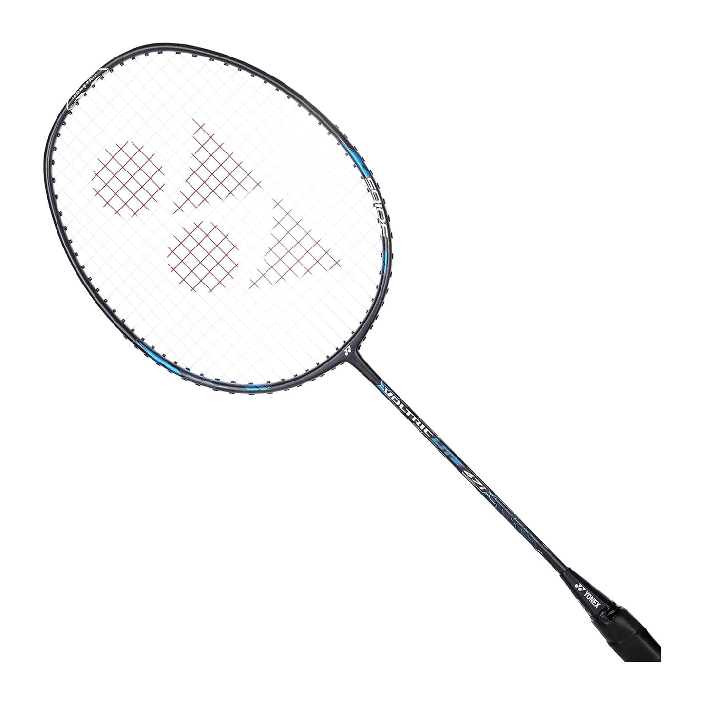 Yonex Voltric Lite 47i badminton racquet at an angle showing the black-and-blue head-heavy frame and isometric string bed