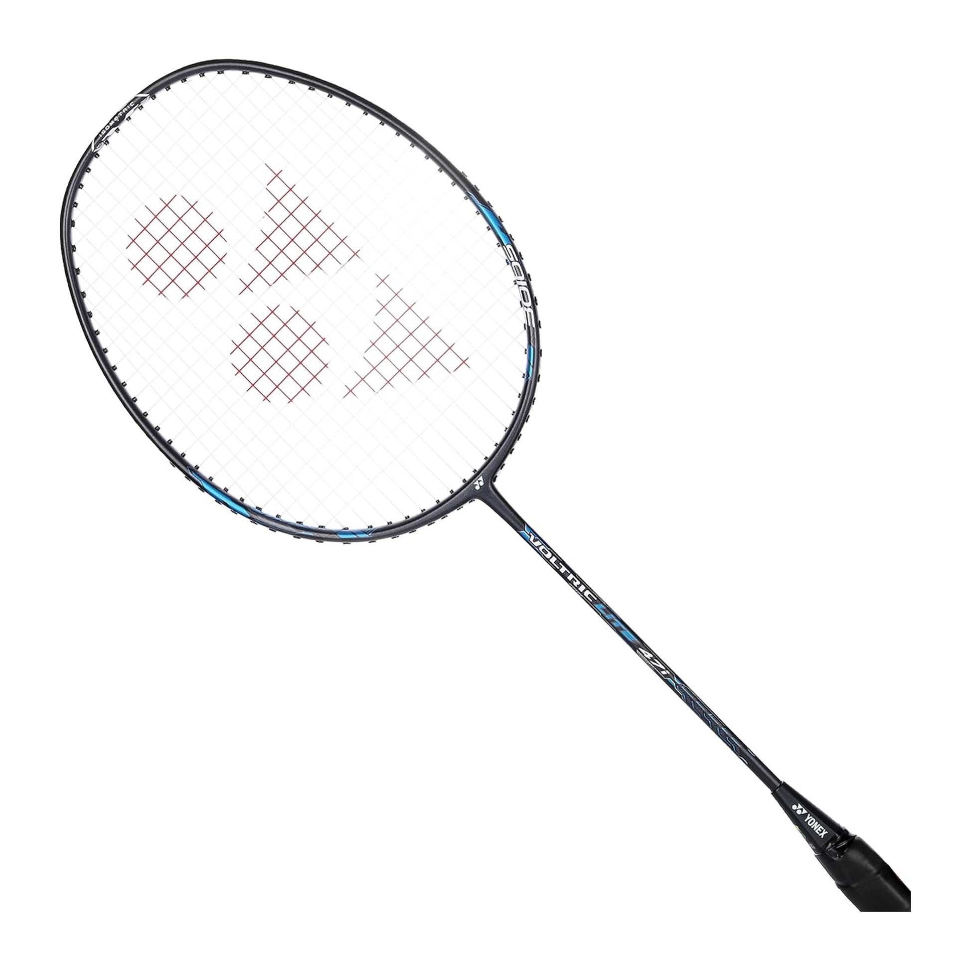 Yonex Voltric Lite 47i badminton racquet at an angle showing the black-and-blue head-heavy frame and isometric string bed