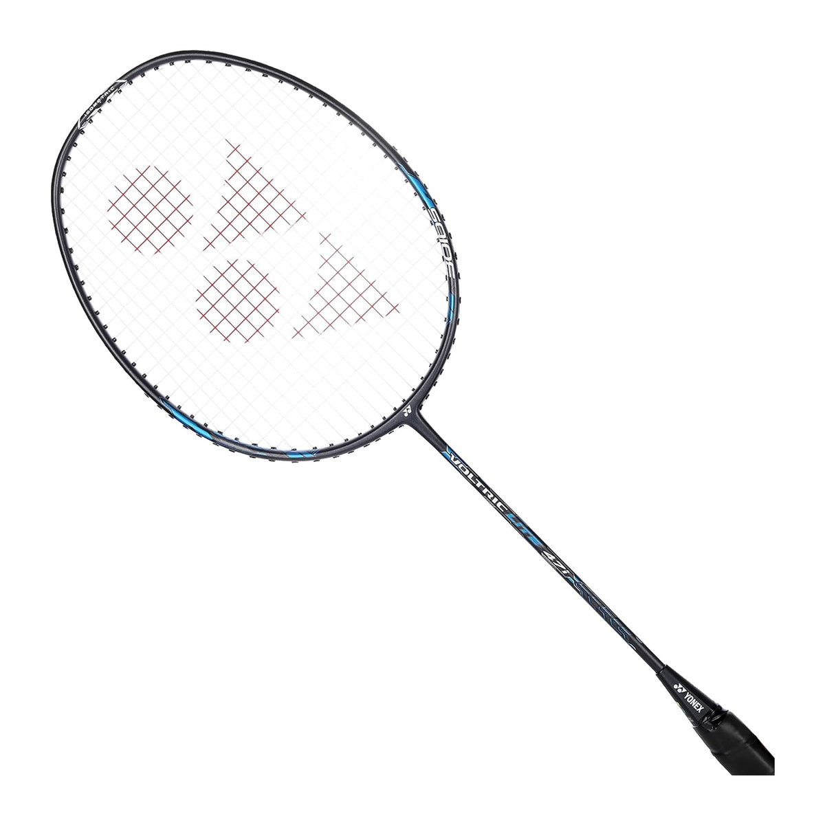 Yonex Voltric Lite 47i badminton racquet at an angle showing the black-and-blue head-heavy frame and isometric string bed