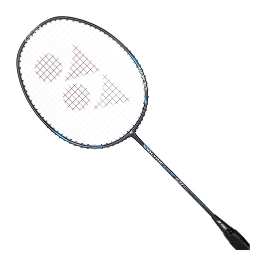 Yonex Voltric Lite 47i badminton racquet at an angle showing the black-and-blue head-heavy frame and isometric string bed