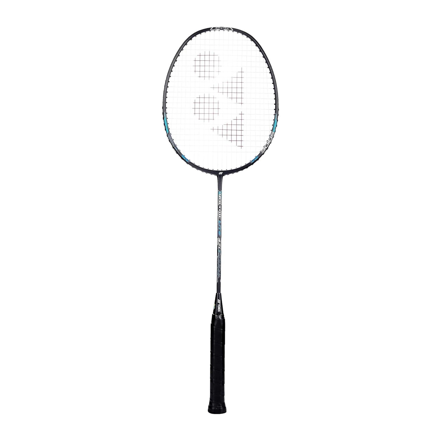 Yonex Voltric Lite 47i badminton racquet in black and blue — full front view showing isometric head, graphite frame and black grip