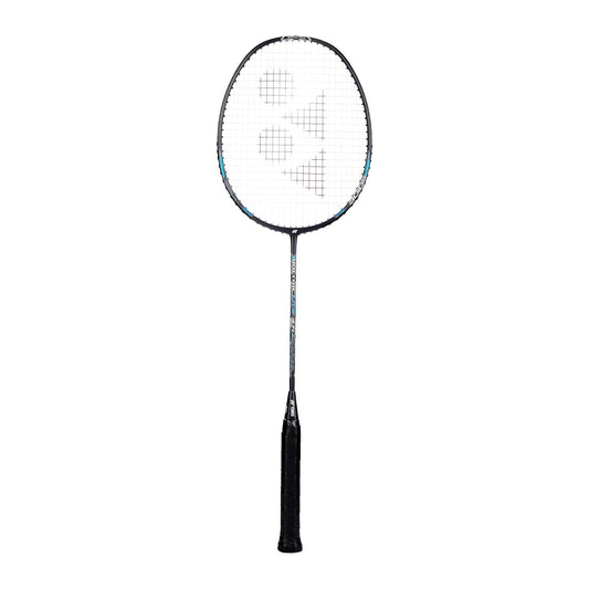 Yonex Voltric Lite 47i badminton racquet in black and blue — full front view showing isometric head, graphite frame and black grip