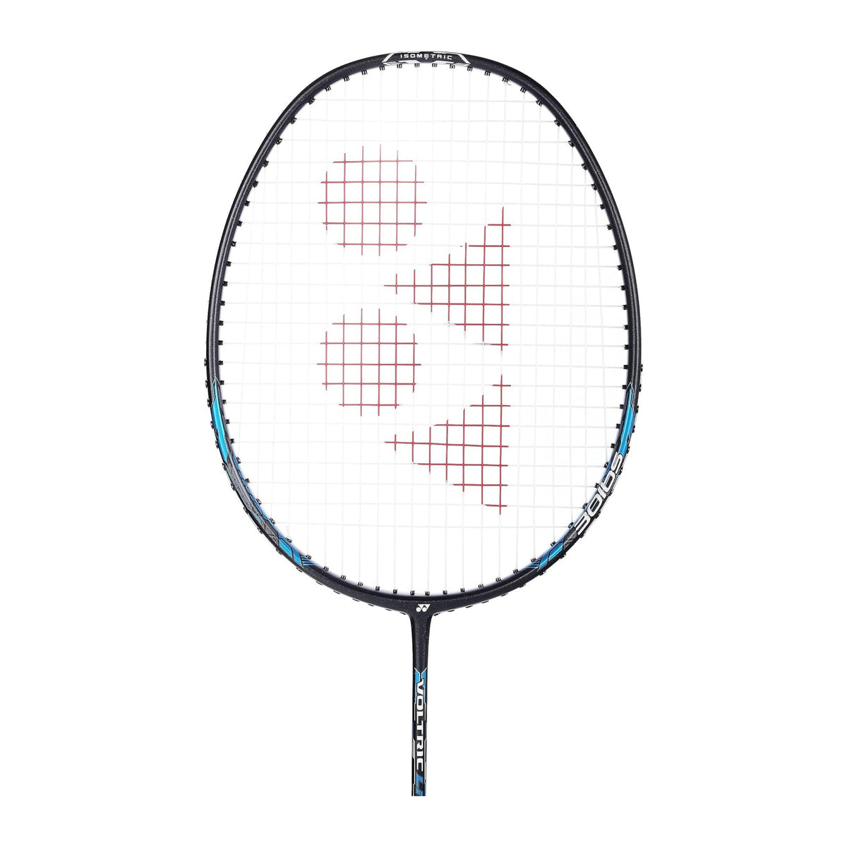 Close-up of the Yonex Voltric Lite 47i badminton racquet head with red Yonex logo, blue frame and isometric string bed
