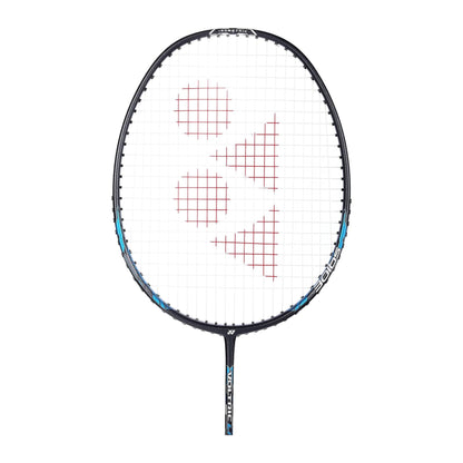 Close-up of the Yonex Voltric Lite 47i badminton racquet head with red Yonex logo, blue frame and isometric string bed