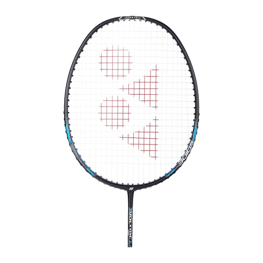 Close-up of the Yonex Voltric Lite 47i badminton racquet head with red Yonex logo, blue frame and isometric string bed