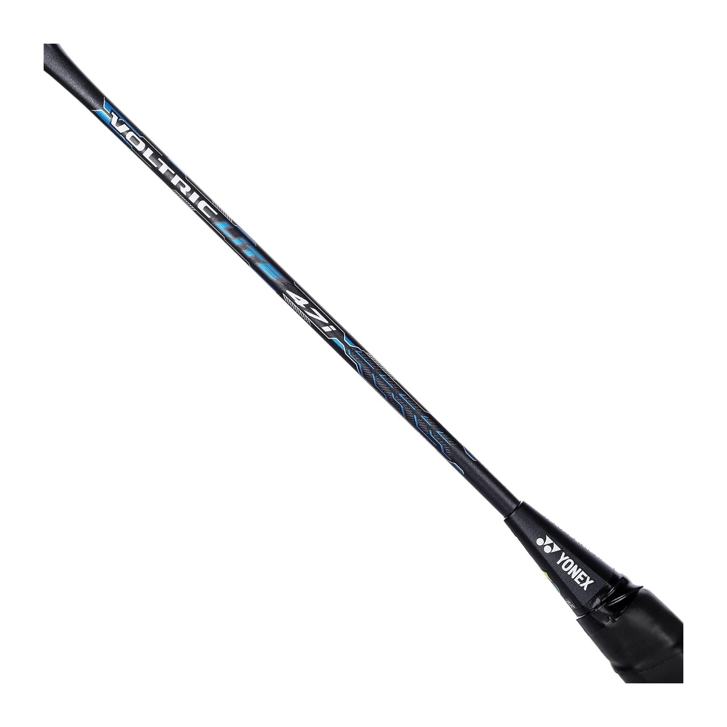 Close-up of the Yonex Voltric Lite 47i badminton racquet shaft showing Voltric Lite 47i branding on a blue finish