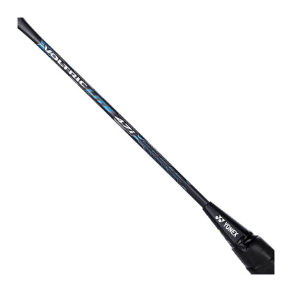 Close-up of the Yonex Voltric Lite 47i badminton racquet shaft showing Voltric Lite 47i branding on a blue finish